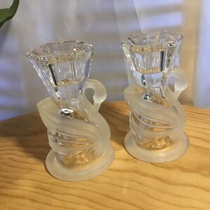 1980's Vintage Party Line Lead Crystal Frosted and Clear Swan Candle Holders
